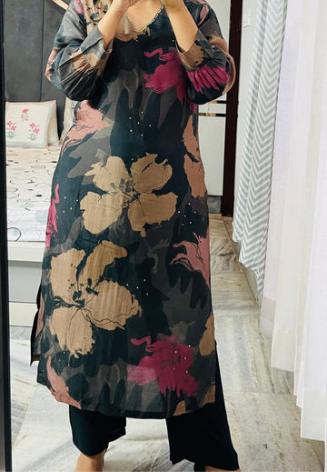 Floral Print Muslin Kurta Set - Black