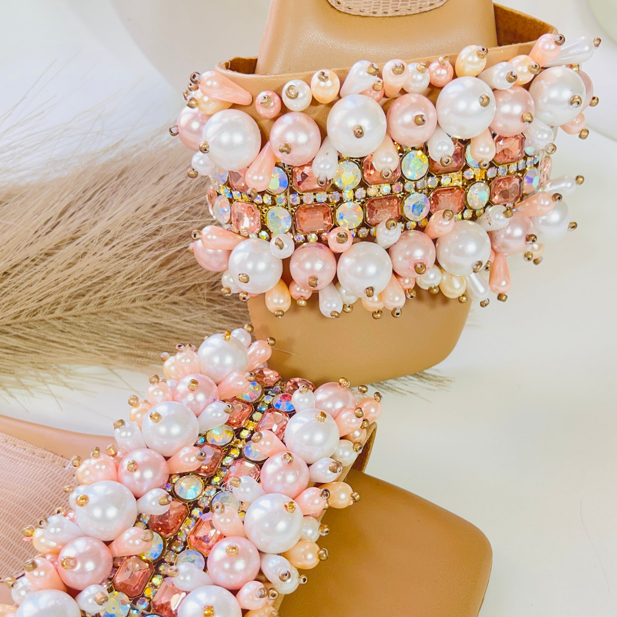 Peach Pearl Embellished Slides