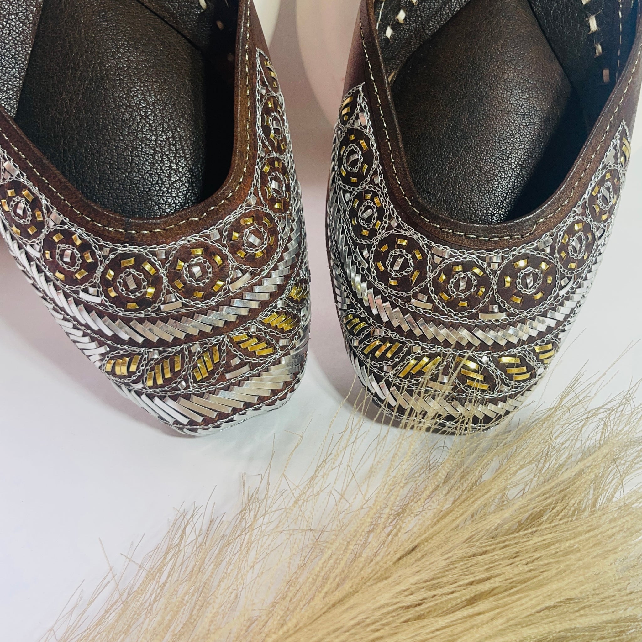 Brown Mukaish Work Juttis