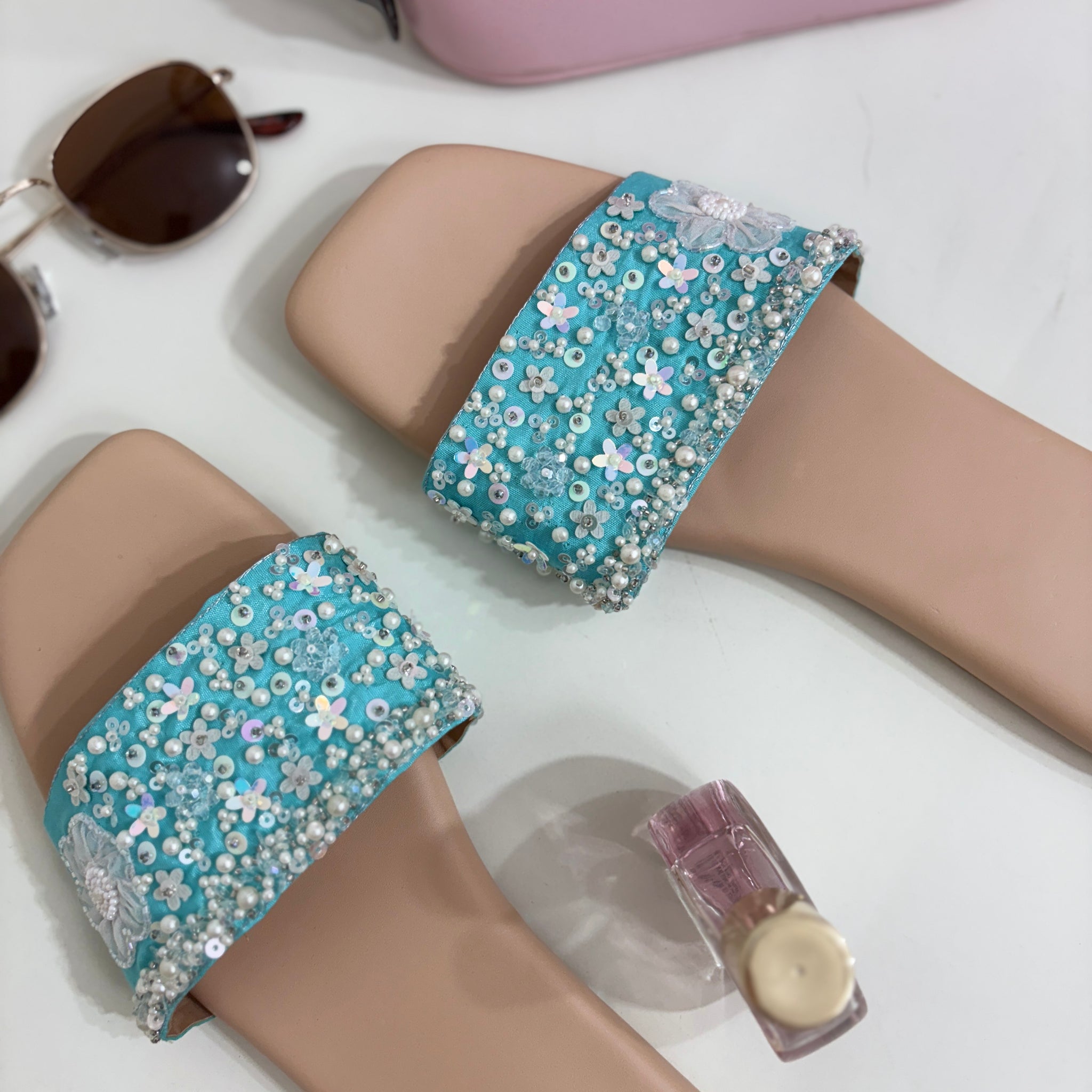 Aqua Bloom Embellished Flats