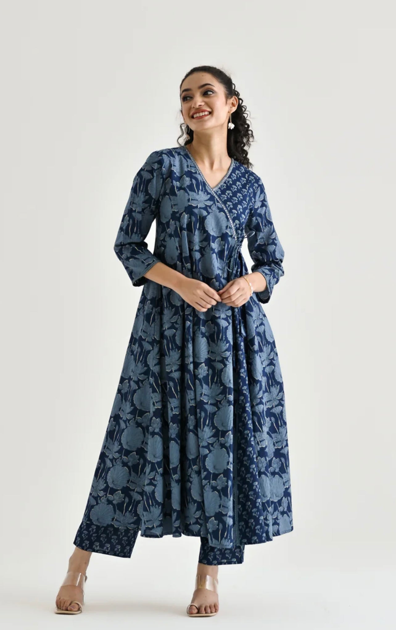 Mystic Indigo: Handcrafted Angrakha Anarkali in Block Print Elegance