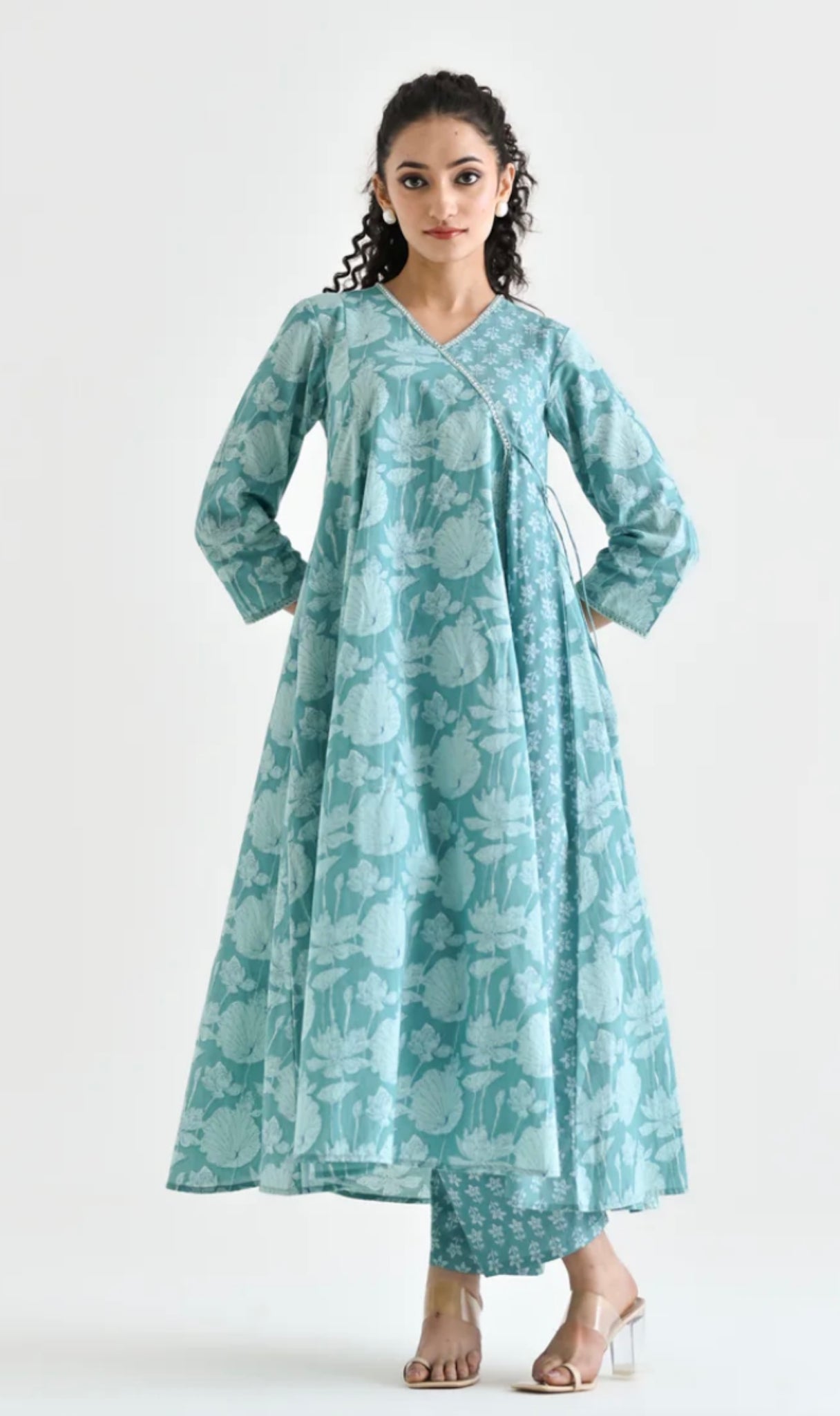 Serene Sea Green: Graceful Angrakha Anarkali with Pearl & Sequin Charm