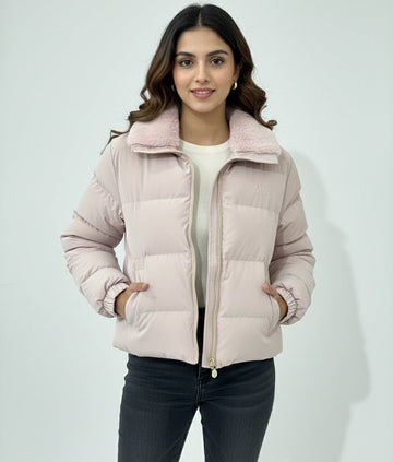 Blush Pink Cropped Puffer Jacket with Plush Faux-Fur Collar
